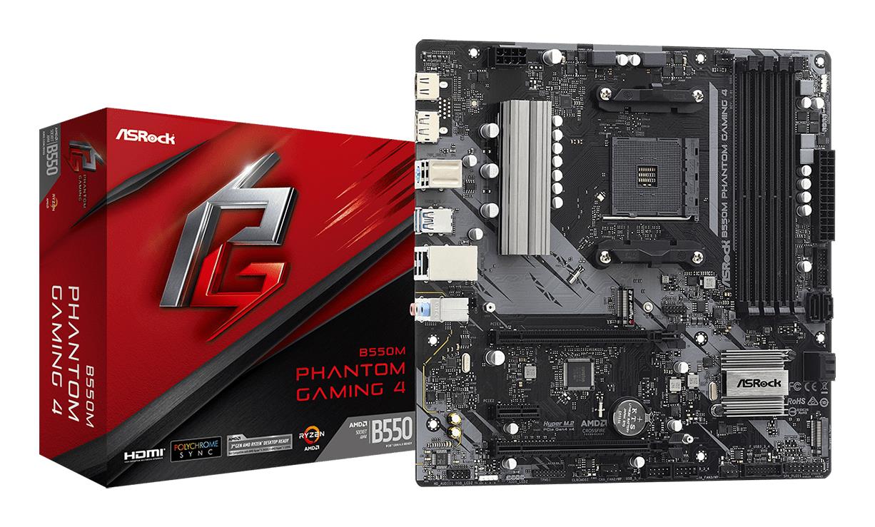 Mainboard ASROCK AMD B550 SAM4 MicroATX 1xPCI-Express 3.0 1x 1xPCI-Express 3.0 4x 2xM.2 1xPCI-Express 4.0 16x Memory DDR4 Memory slots 4 1xHDMI 1xDisplayPort 2xAudio-In 1xAudio-Out 2xUSB 2.0 4xUSB 3.2 1xPS/2 1xRJ45 B550MPHANTOMGAMING4