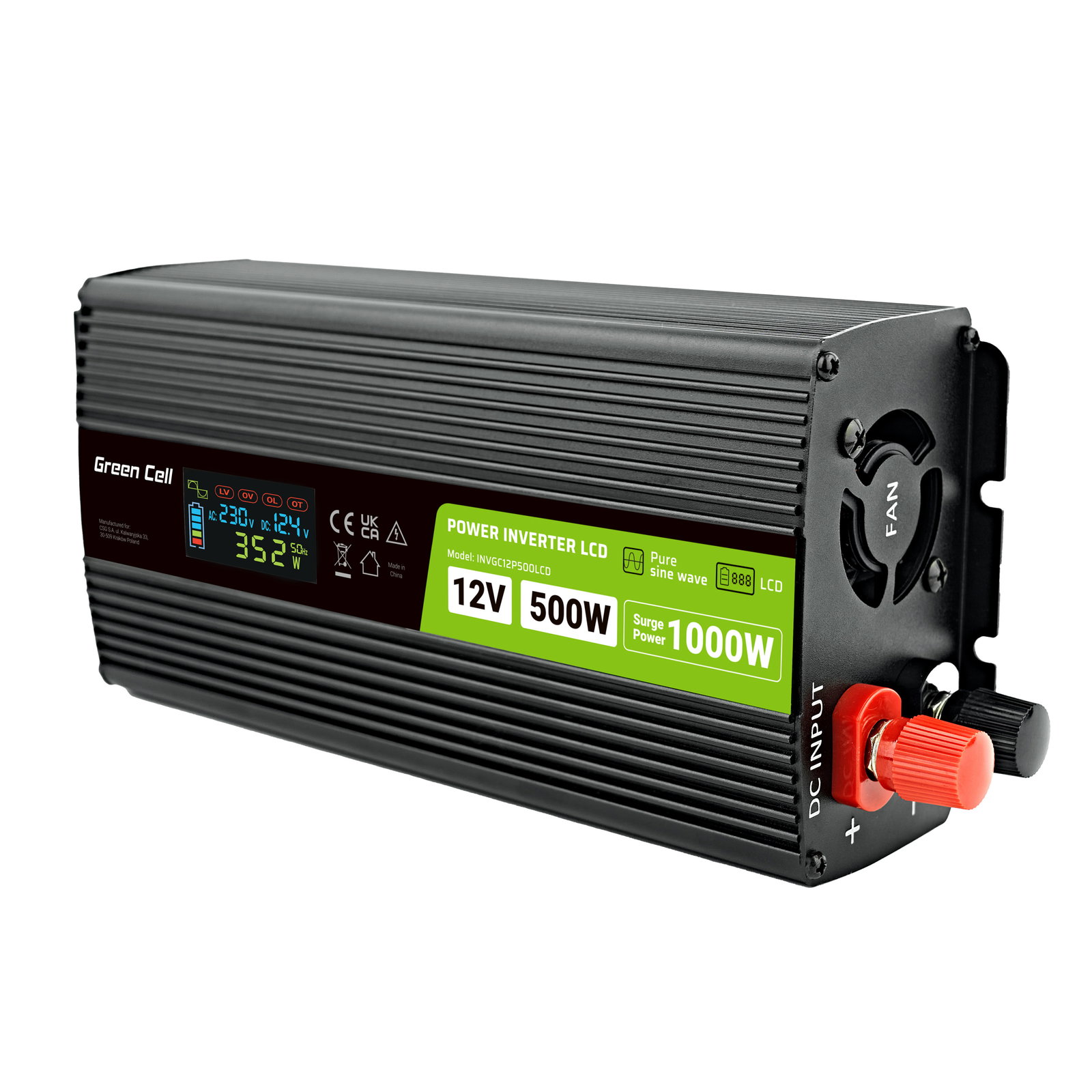 Greencell Power Inverter LCD 12V 500W 1000W Pure Sine Wave with Display