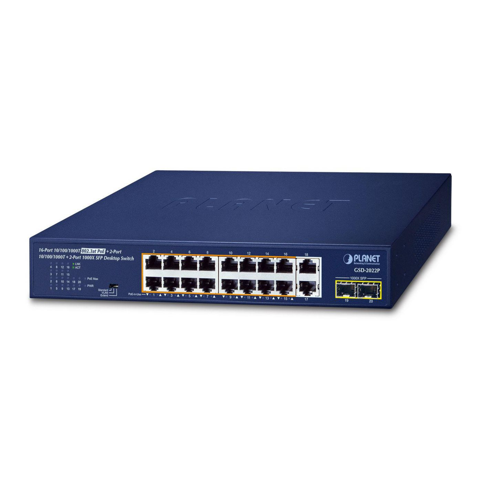 PLANET 16-port GE 802.3at + 2-port GE + 2-port 1000X SFP