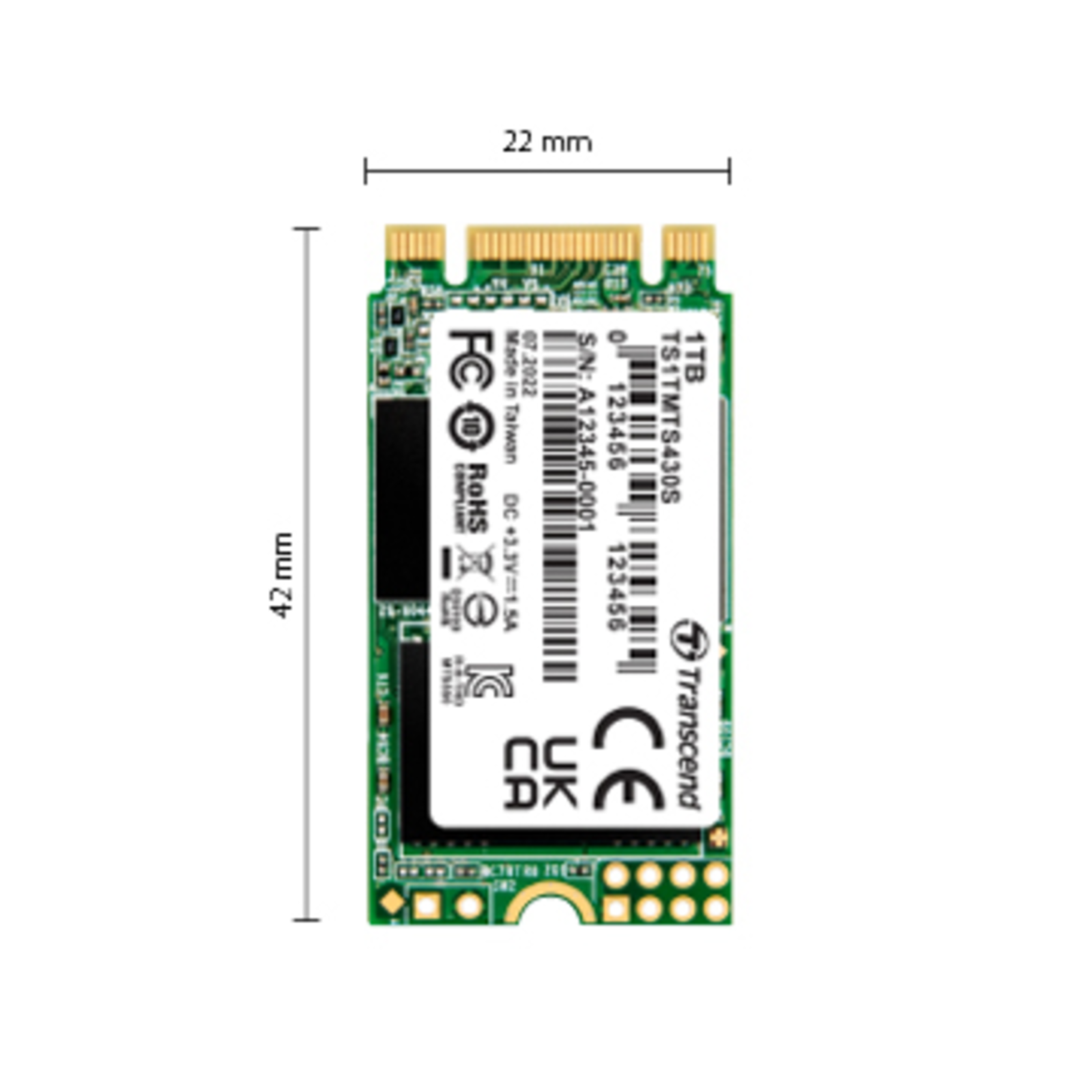 Transcend Solid State Drive 1TB M.2 MTS430S M.2 2242 3D NAND SATA3