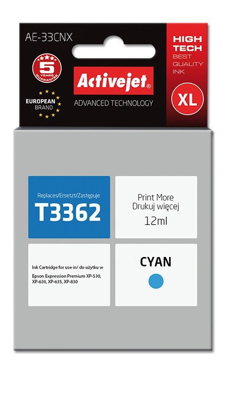Activejet AE-33CNX Ink cartridge (replacement for Epson 33XL T3362; Supreme; 12 ml; cyan)