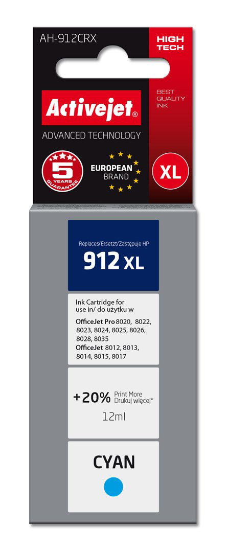 Activejet AH-912CRX Ink Cartridge (replacement for HP 912XL 3YL81AE; Premium; 990 pages; cyan)