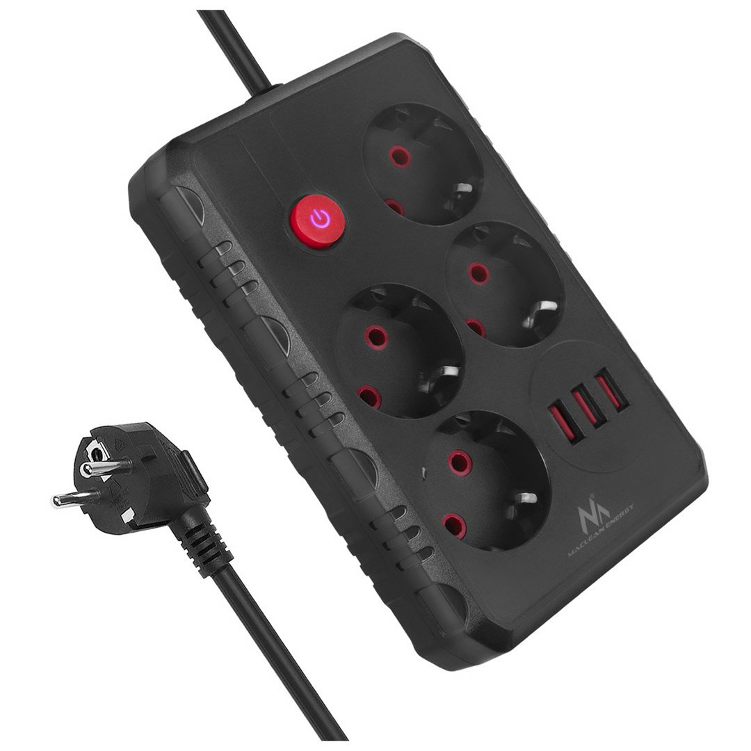 Maclean power strip, 4-socket extension cable + 3xUSB, 110-240V AC 50/60Hz, 2.1A max 2500W, 1.5m, black, MCE392 B