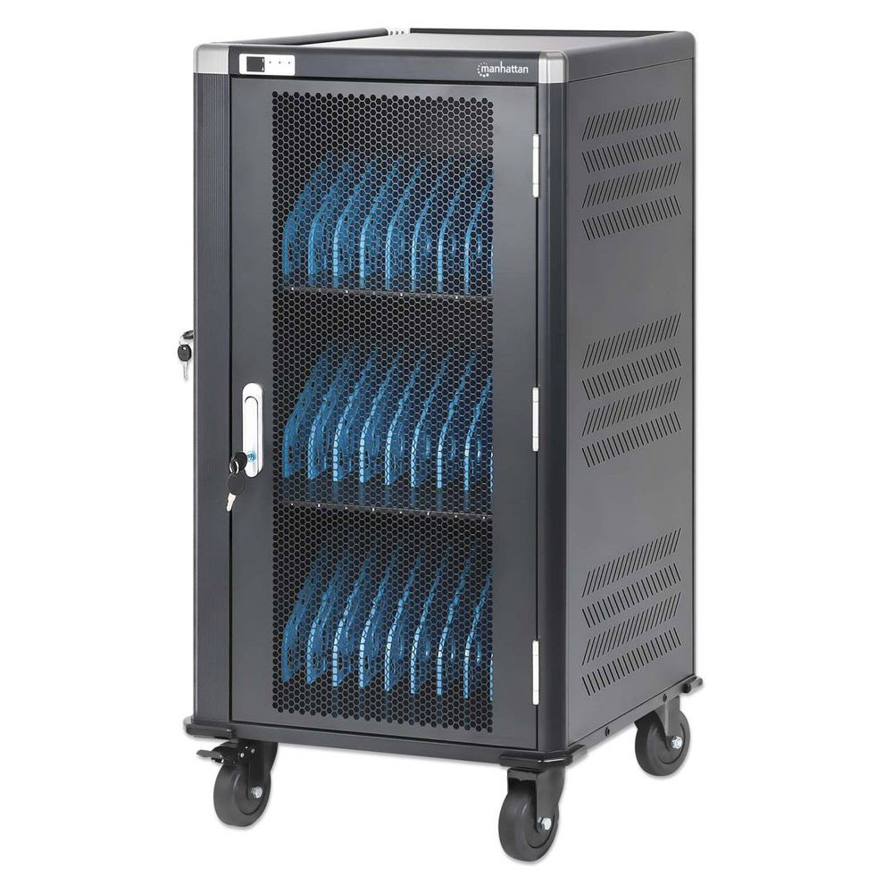 Manhattan Laptop Charging Cart/Trolley via AC Adapter (EU) 30-bay, Install device s AC Adapter (power cables) into unit, Suitable for ALL laptops (to 16), iPads, MacBooks, Chromebooks, other portable devices, Bays 380x30x280mm, Cabinet, Lockable