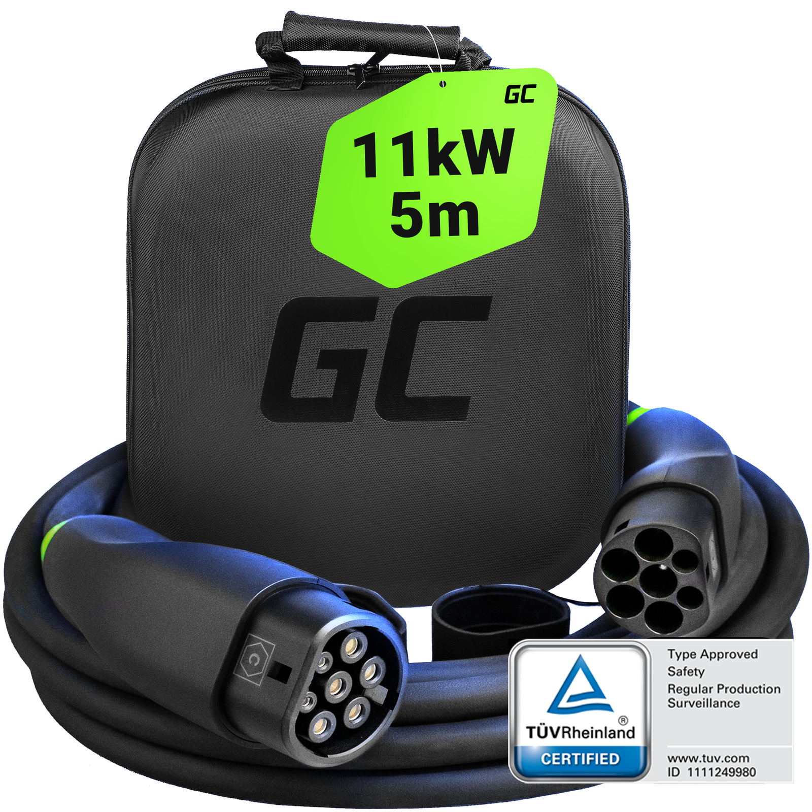 Green Cell Snap Type 2 EV Charging Cable 11kW 5m Tesla Model 3 S X Y VW ID.Buzz Kia EV6 Hyundai