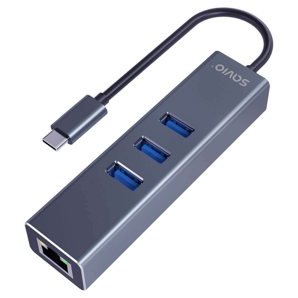 Savio AK-57 USB-C - 3 x USB-A HUB with RJ-45 Gigabit Ethernet adapter, 5000 Mbit/s, grey
