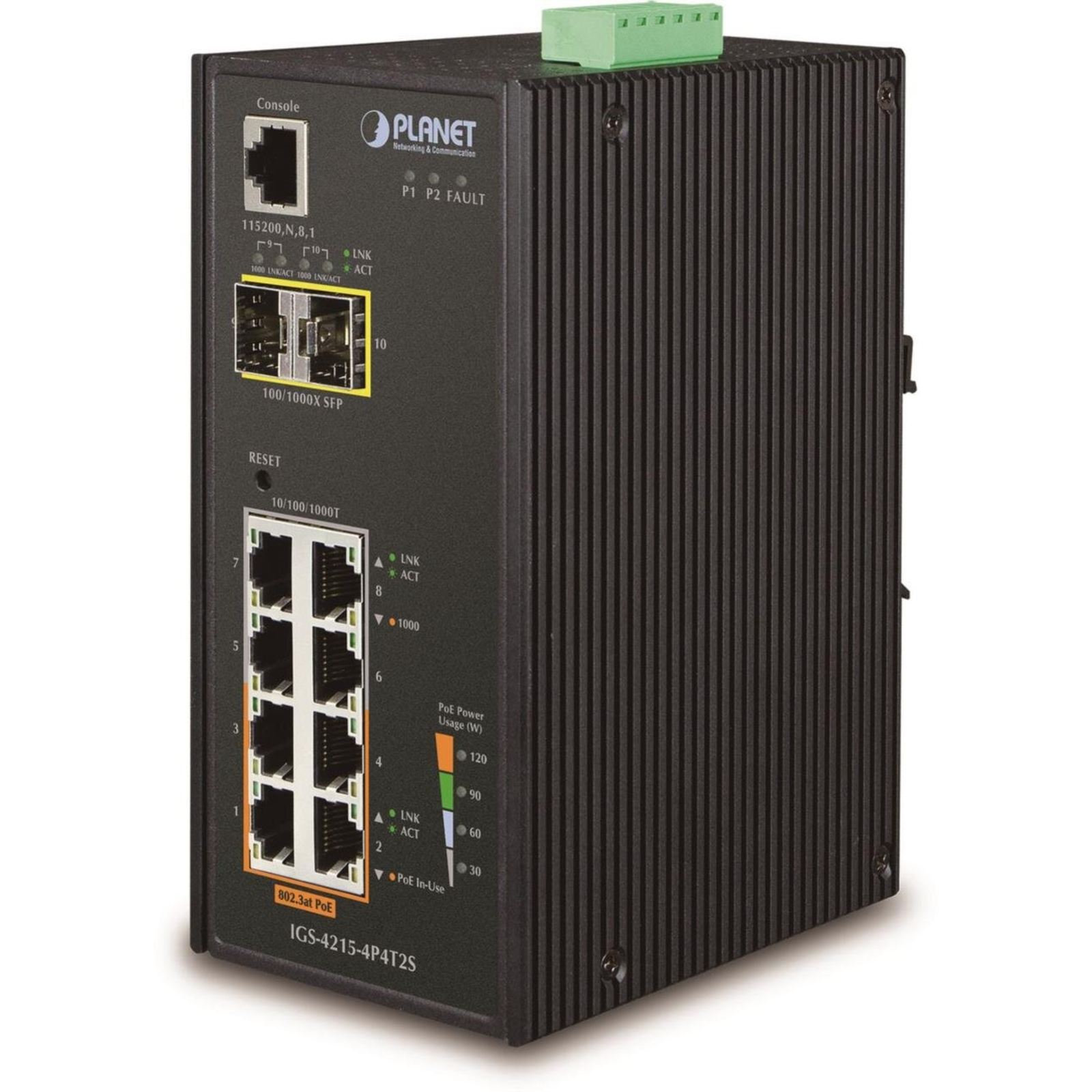 Planet IGS-4215-4P4T2S Industrial L2 Switch 4x1Gb 2x1Gb SFP 4x PoE 802.3at 140W 48-54VDC -40-75