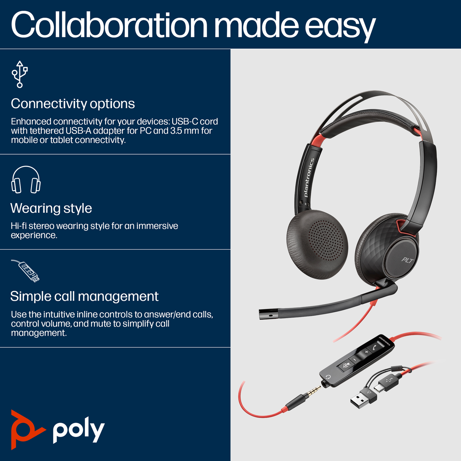 HPI Blackwire 5220 Stereo USB-C Headset +3.5mm Plug +USB-C